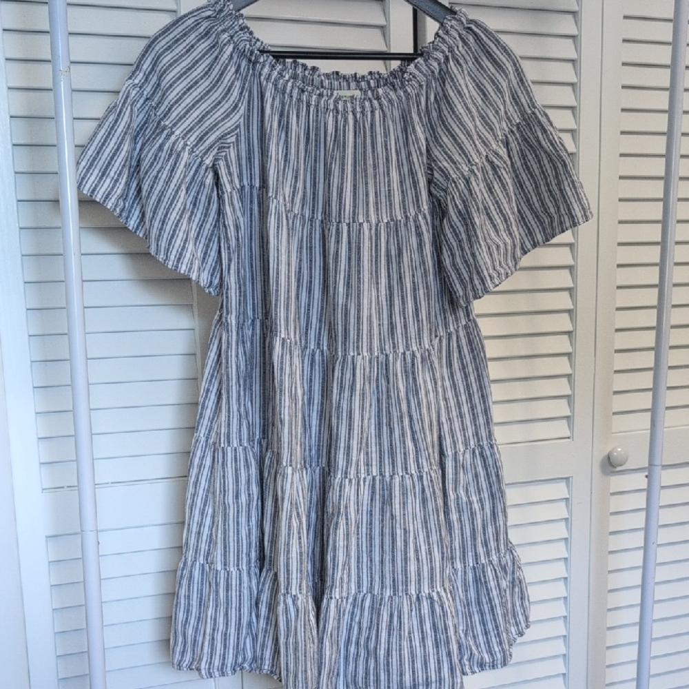 Max Studio Blue/White Striped Cotton/Linen Tiered Babydoll Dress